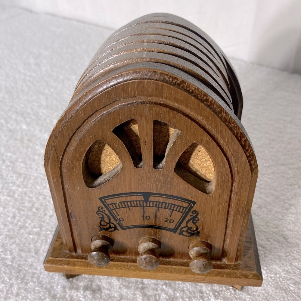 Vintage Wooden Radio Coaster Set Grannycore Grandpacore Cabincore Nostalgia